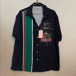 Festive Black Shirt with Green and Red Accents